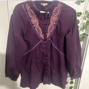 Purple Ruffled Lace 3/4 Sleeve Blouse